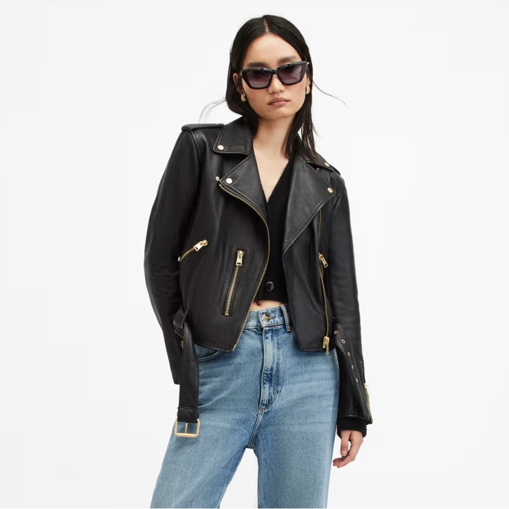 All Saints Black Leather Biker Jacket with Gold Accents